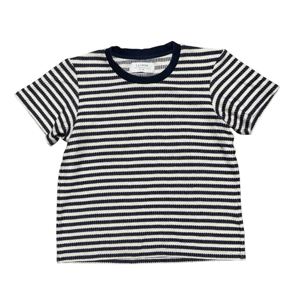 La ligne striped textured cotton knit short sleeve shirt
